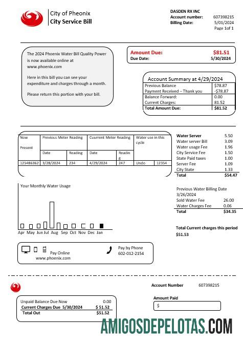 realista Modelo de conta de serviços públicos dos EUA, Arizona, cidade de Phoenix, em formatos Word e PDF